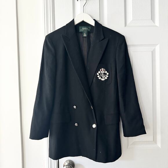 Ralph Lauren Green Label Vintage Black Wool Crest Pocket Double Breast Blazer 10